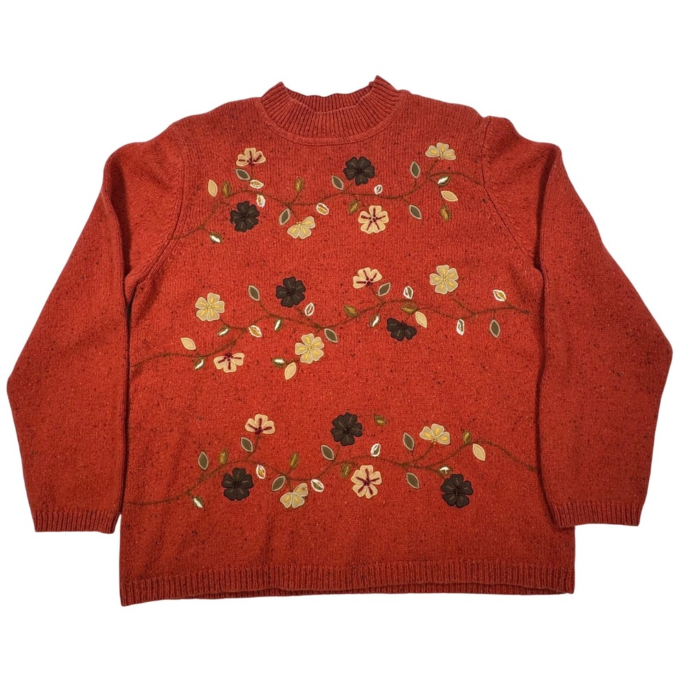 Alfred Dunner Rust Orange Floral Embroidered Mock Neck Ramie Wool Sweater Large